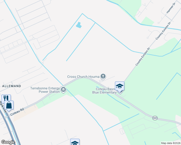 map of restaurants, bars, coffee shops, grocery stores, and more near 162 Country Boy Court in Houma