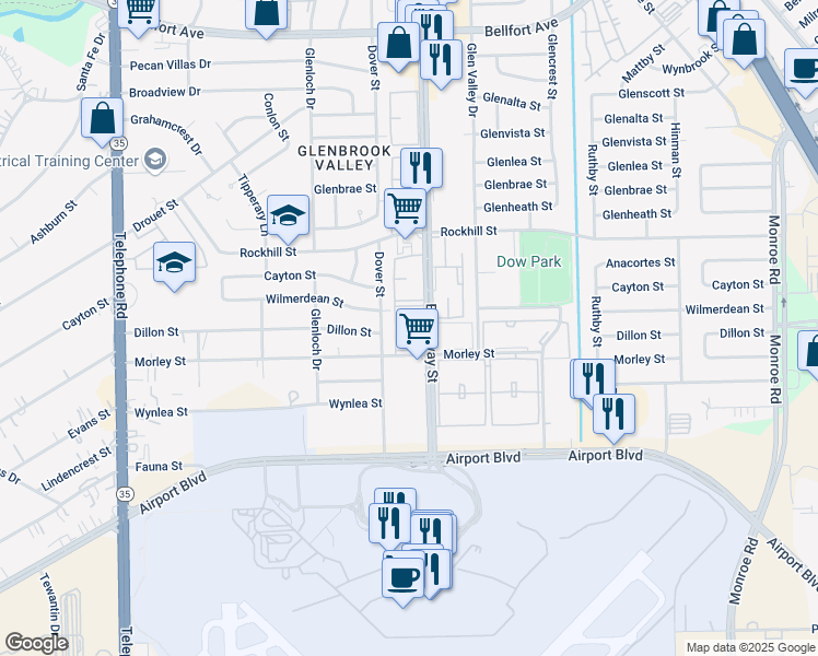 map of restaurants, bars, coffee shops, grocery stores, and more near 8750 Broadway Street in Houston