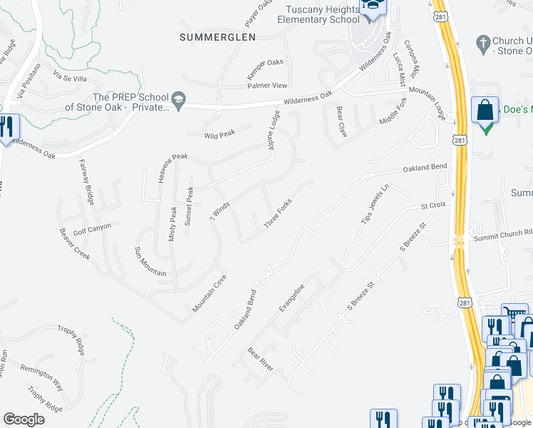 map of restaurants, bars, coffee shops, grocery stores, and more near 23707 Red Eagle in San Antonio