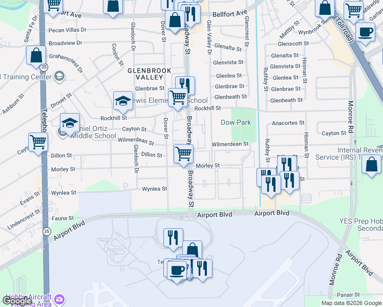 map of restaurants, bars, coffee shops, grocery stores, and more near 8750 Broadway Street in Houston