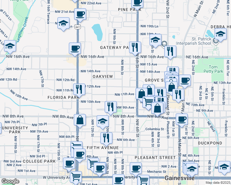 map of restaurants, bars, coffee shops, grocery stores, and more near 1114 Northwest 8th Street in Gainesville