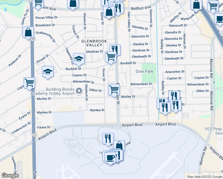 map of restaurants, bars, coffee shops, grocery stores, and more near 8750 Broadway Street in Houston