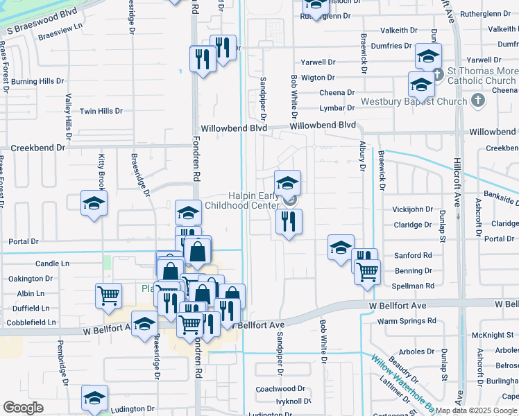 map of restaurants, bars, coffee shops, grocery stores, and more near 6425 Bankside Drive in Houston