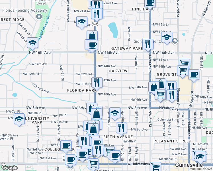 map of restaurants, bars, coffee shops, grocery stores, and more near 1210 Northwest 11th Avenue in Gainesville