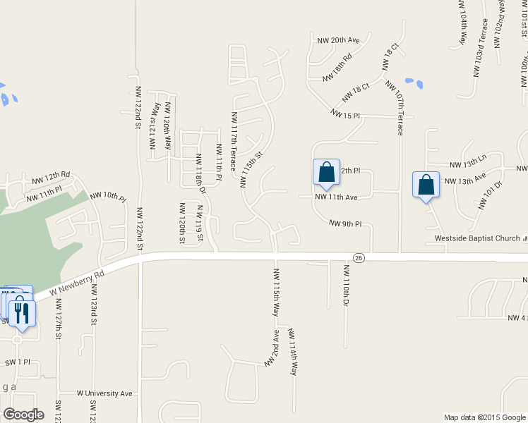 map of restaurants, bars, coffee shops, grocery stores, and more near 11445 Northwest 10th Lane in Gainesville