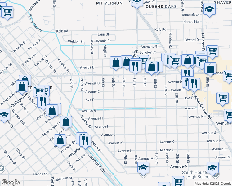 map of restaurants, bars, coffee shops, grocery stores, and more near 604 Avenue East in South Houston