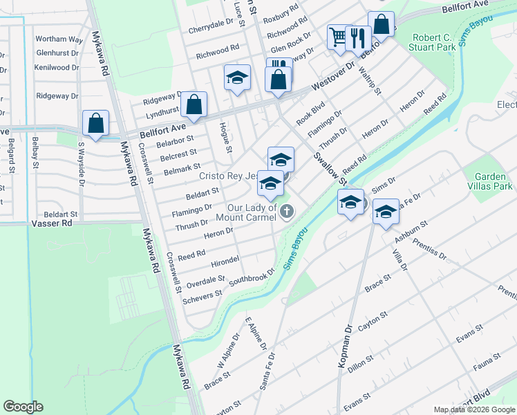 map of restaurants, bars, coffee shops, grocery stores, and more near 6638 Thrush Drive in Houston