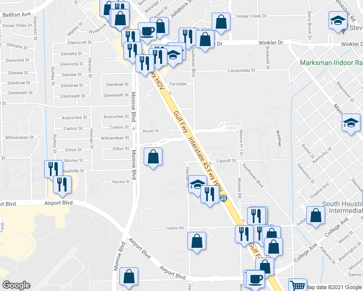 map of restaurants, bars, coffee shops, grocery stores, and more near 8866 Gulf Freeway in Houston