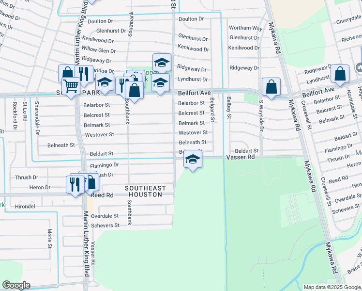 map of restaurants, bars, coffee shops, grocery stores, and more near 5910 Belneath Street in Houston