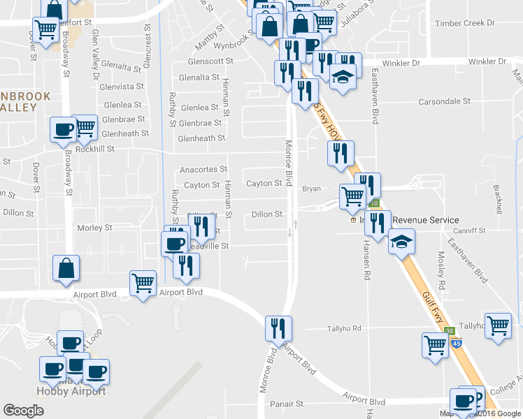 map of restaurants, bars, coffee shops, grocery stores, and more near 8603 Dillon Street in Houston