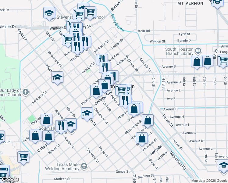 map of restaurants, bars, coffee shops, grocery stores, and more near 515 Illinois Street in South Houston