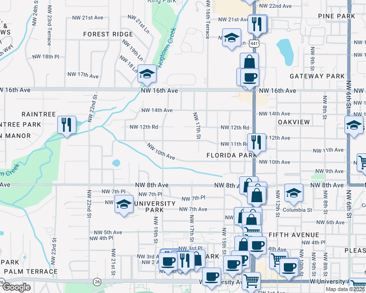 map of restaurants, bars, coffee shops, grocery stores, and more near 1739 Northwest 11th Road in Gainesville