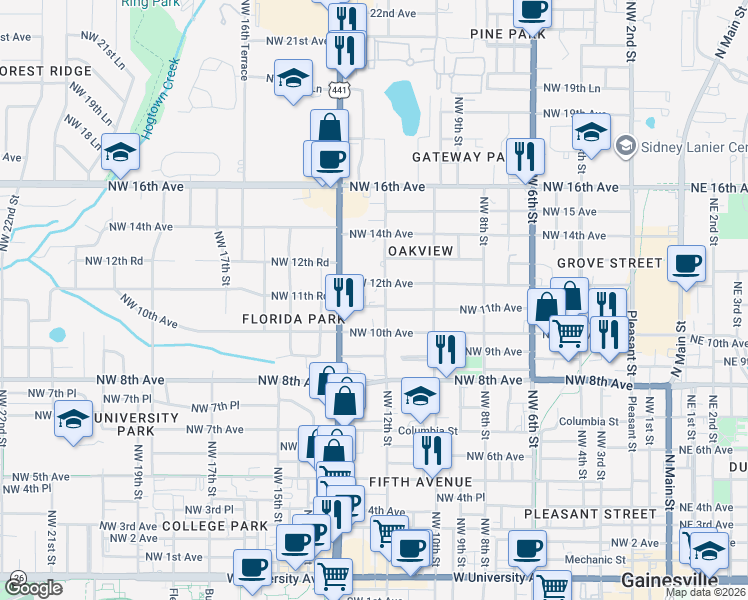 map of restaurants, bars, coffee shops, grocery stores, and more near 1210 Northwest 11th Avenue in Gainesville