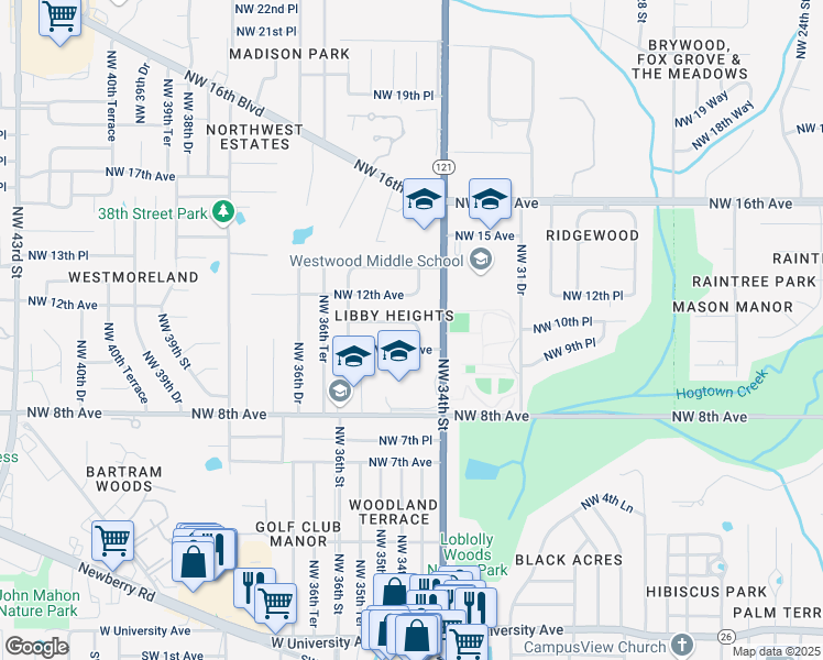 map of restaurants, bars, coffee shops, grocery stores, and more near 3449 Northwest 11th Avenue in Gainesville