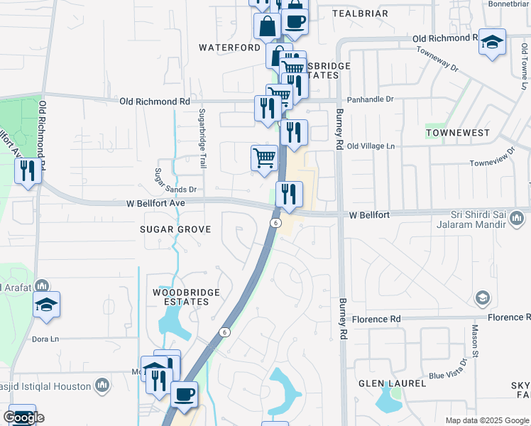 map of restaurants, bars, coffee shops, grocery stores, and more near South Highway 6 in Sugar Land