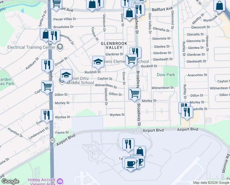 map of restaurants, bars, coffee shops, grocery stores, and more near 7719 Dillon Street in Houston