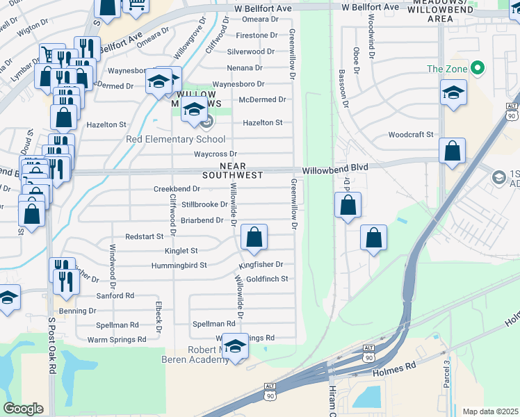 map of restaurants, bars, coffee shops, grocery stores, and more near 4405 Stillbrooke Drive in Houston