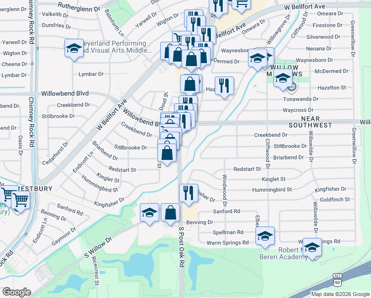 map of restaurants, bars, coffee shops, grocery stores, and more near 10833 Willowisp Drive in Houston
