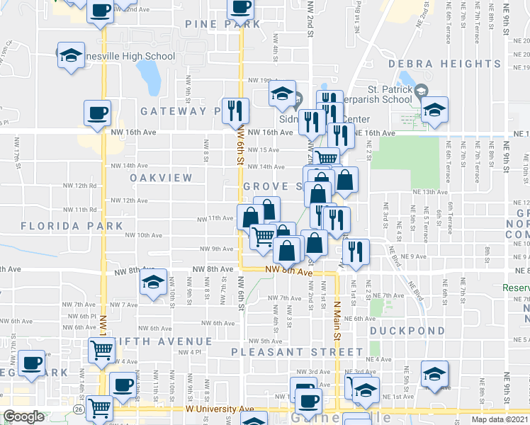 map of restaurants, bars, coffee shops, grocery stores, and more near 1114 Northwest 4th Street in Gainesville