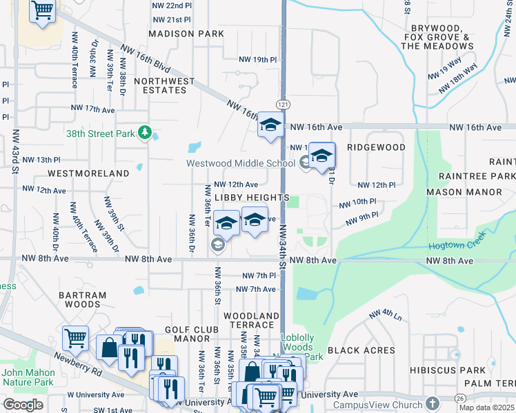 map of restaurants, bars, coffee shops, grocery stores, and more near 3449 Northwest 11th Avenue in Gainesville