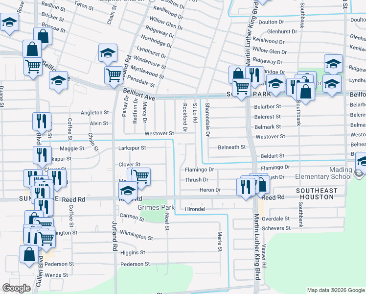 map of restaurants, bars, coffee shops, grocery stores, and more near 5414 Belneath Street in Houston