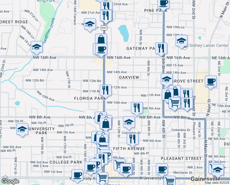 map of restaurants, bars, coffee shops, grocery stores, and more near 1210 Northwest 11th Avenue in Gainesville