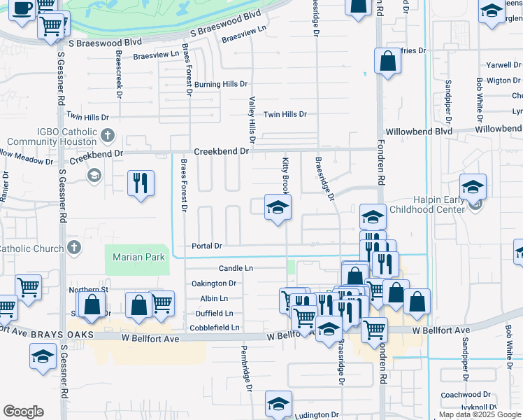 map of restaurants, bars, coffee shops, grocery stores, and more near 7826 Vickijohn Drive in Houston