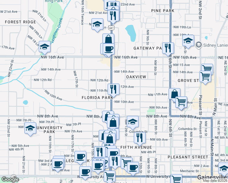 map of restaurants, bars, coffee shops, grocery stores, and more near 1301-1323 Northwest 11th Road in Gainesville