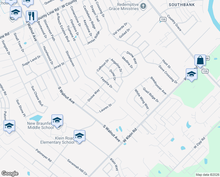 map of restaurants, bars, coffee shops, grocery stores, and more near 2528 Fayette Drive in New Braunfels