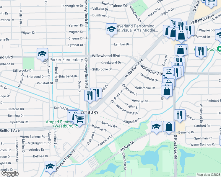 map of restaurants, bars, coffee shops, grocery stores, and more near 5226 West Bellfort Avenue in Houston