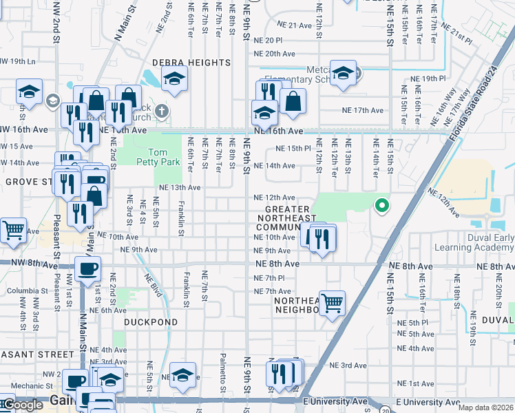 map of restaurants, bars, coffee shops, grocery stores, and more near 914 Northeast 11th Avenue in Gainesville