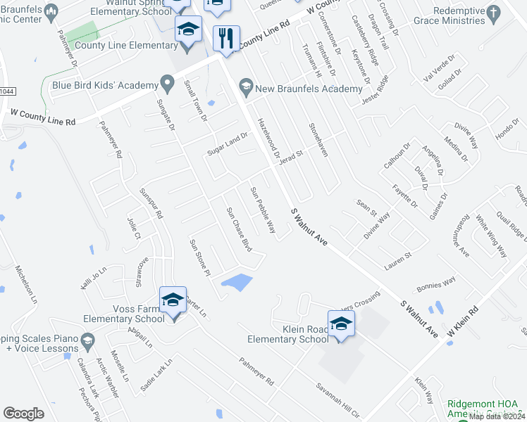 map of restaurants, bars, coffee shops, grocery stores, and more near 2754 Ridge Gate in New Braunfels