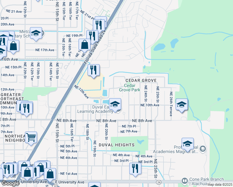 map of restaurants, bars, coffee shops, grocery stores, and more near 1119 Northeast 21st Street in Gainesville