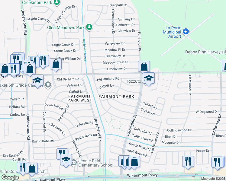 map of restaurants, bars, coffee shops, grocery stores, and more near 10235 Belfast Road in La Porte