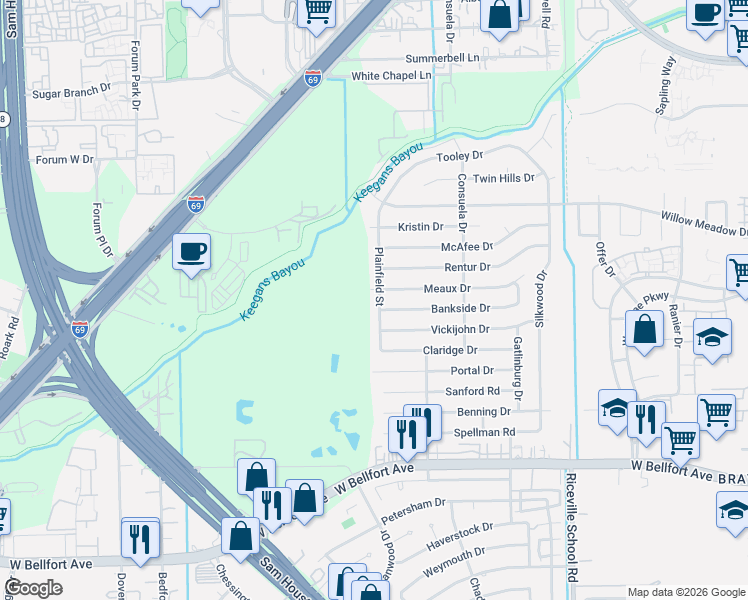 map of restaurants, bars, coffee shops, grocery stores, and more near 10806 Plainfield Street in Houston