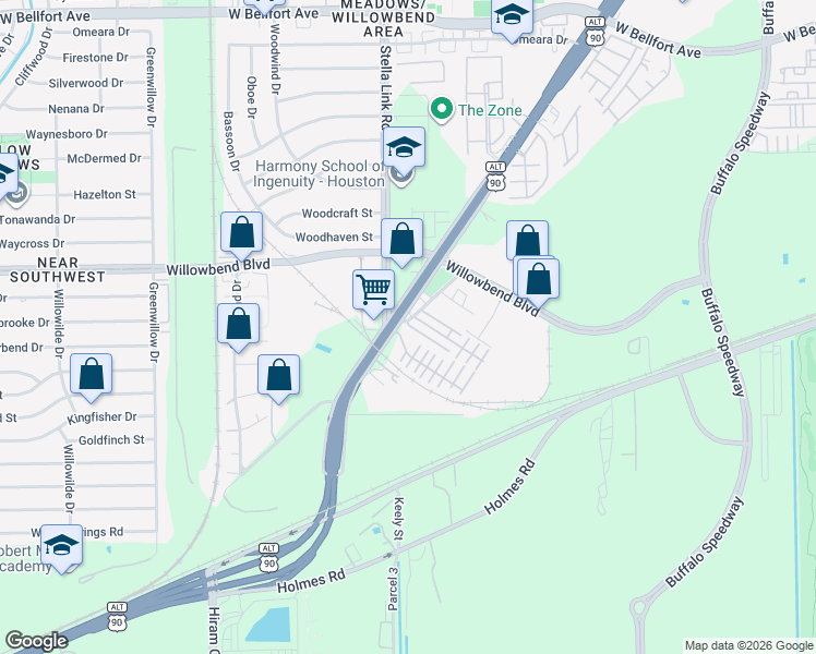 map of restaurants, bars, coffee shops, grocery stores, and more near 3741 Main Poplar Drive in Houston