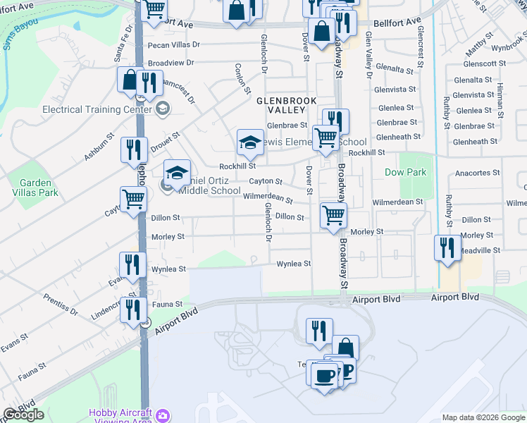 map of restaurants, bars, coffee shops, grocery stores, and more near 8714 Glenloch Drive in Houston
