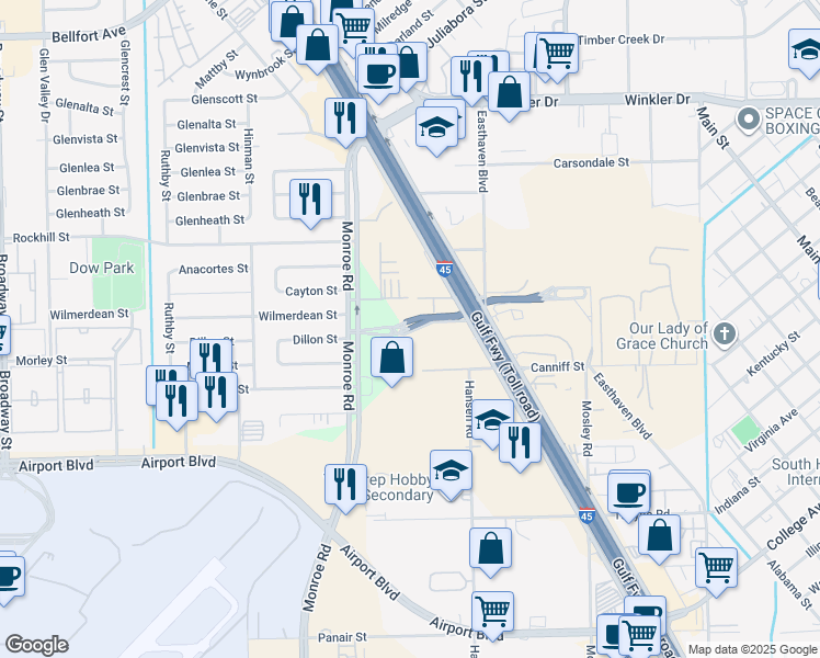 map of restaurants, bars, coffee shops, grocery stores, and more near Monroe Pr 1 Drive in Houston