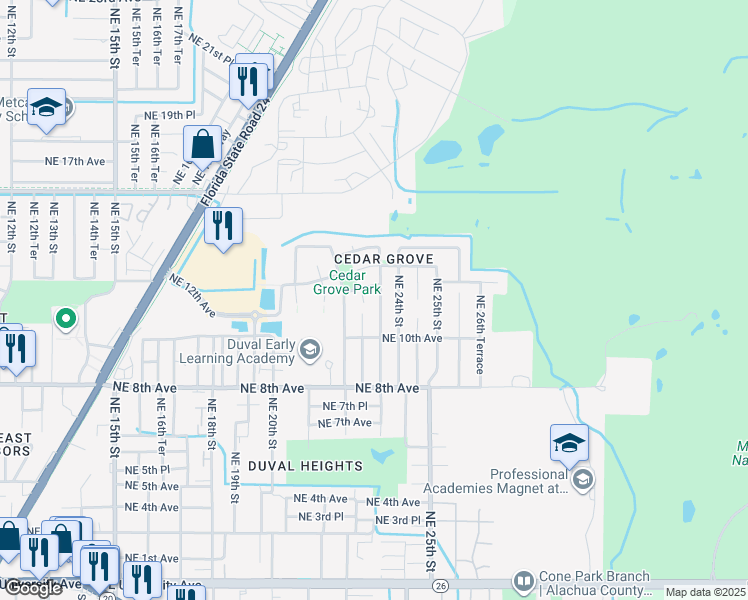 map of restaurants, bars, coffee shops, grocery stores, and more near 1120 Northeast 23rd Street in Gainesville