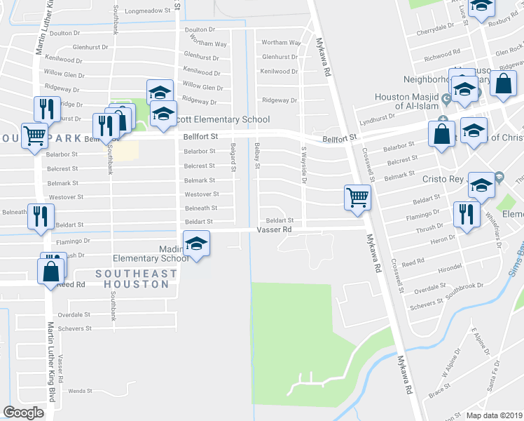 map of restaurants, bars, coffee shops, grocery stores, and more near 6002 Belneath Street in Houston