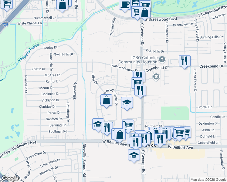 map of restaurants, bars, coffee shops, grocery stores, and more near 10802 Ranier Drive in Houston