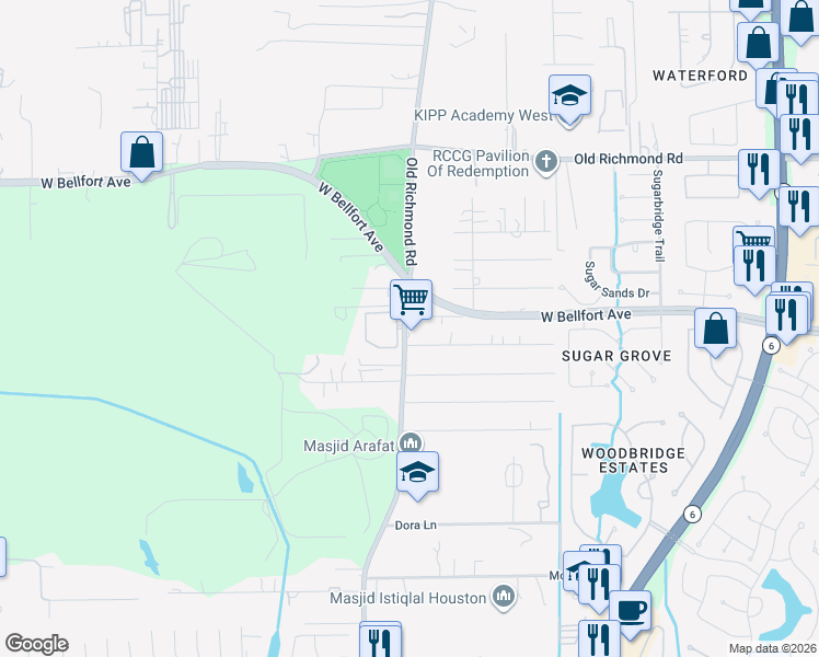 map of restaurants, bars, coffee shops, grocery stores, and more near 15935 Old Richmond Road in Sugar Land