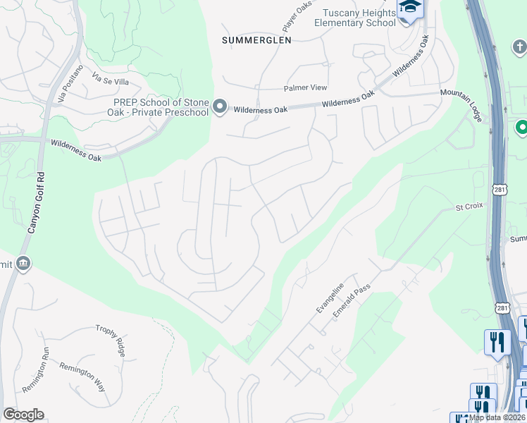 map of restaurants, bars, coffee shops, grocery stores, and more near 23719 Alpine Ridge in San Antonio