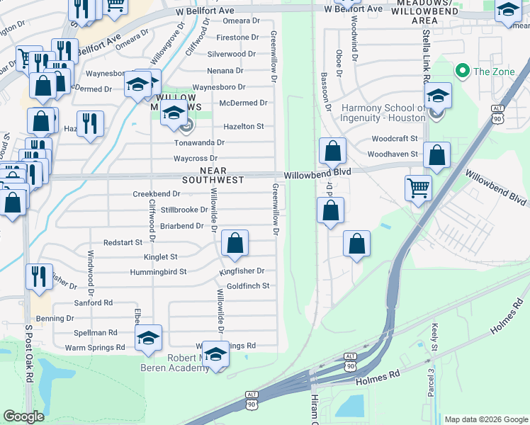 map of restaurants, bars, coffee shops, grocery stores, and more near 4309 Stillbrooke Drive in Houston