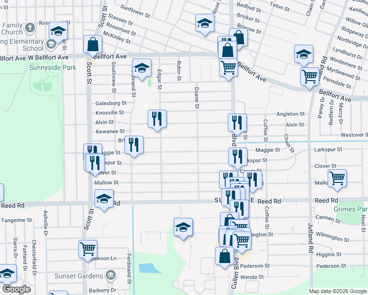 map of restaurants, bars, coffee shops, grocery stores, and more near 4521 Maggie Street in Houston