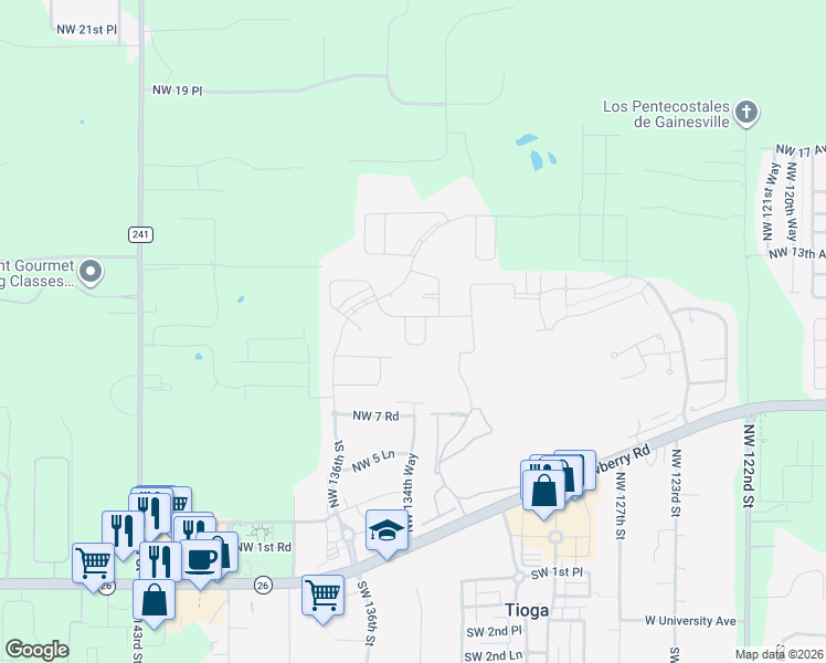 map of restaurants, bars, coffee shops, grocery stores, and more near 13738 Northwest 9th Road in Newberry