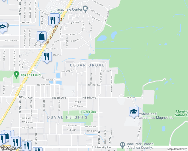map of restaurants, bars, coffee shops, grocery stores, and more near 1120 Northeast 24th Terrace in Gainesville
