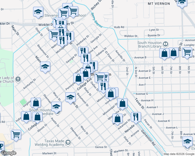map of restaurants, bars, coffee shops, grocery stores, and more near in South Houston