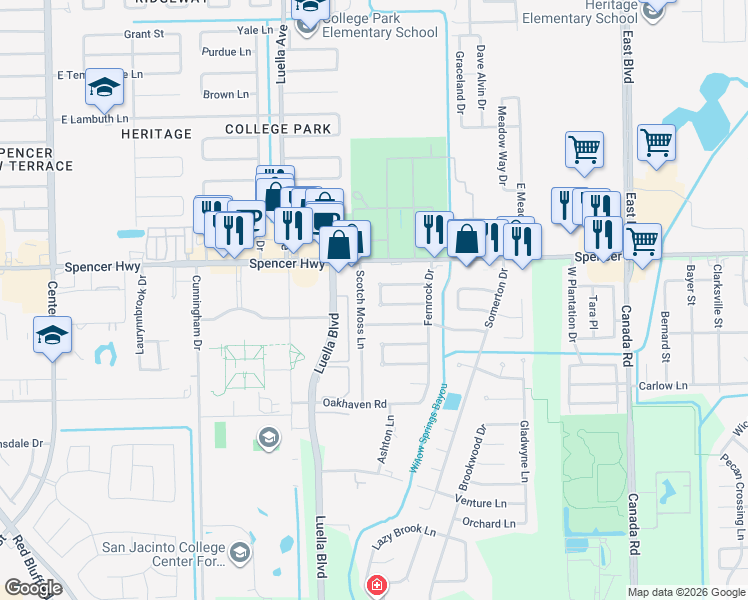 map of restaurants, bars, coffee shops, grocery stores, and more near 3118 Ashton Lane in La Porte