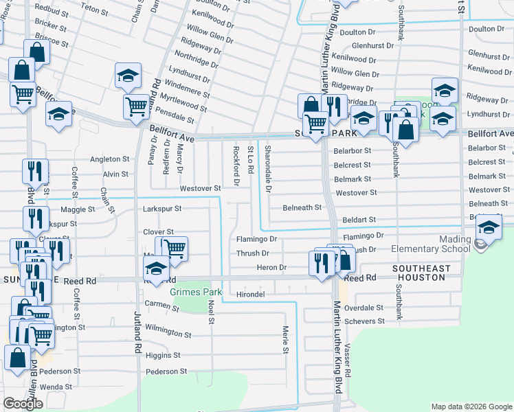 map of restaurants, bars, coffee shops, grocery stores, and more near 8227 Saint Lo Road in Houston